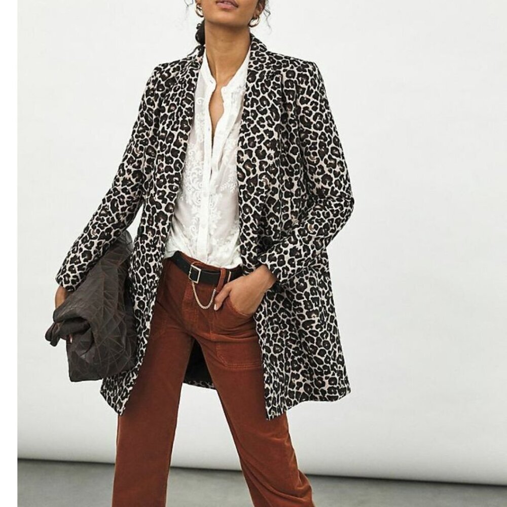Anthropologie Double Breasted Leopard Midi Jacket Black Womens 2